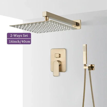 Modern brushed gold shower faucet set featuring a 16-inch square rain shower head with matching valve and handheld showerhead