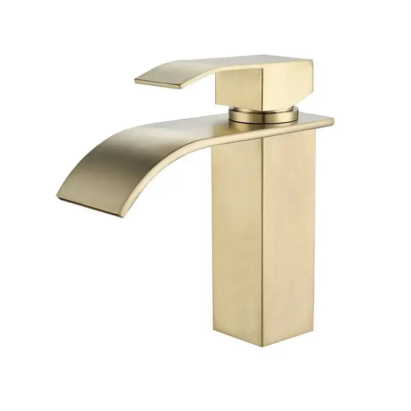 Modern brushed gold stainless steel basin faucet with sleek waterfall spout and rectangular base for bathroom use