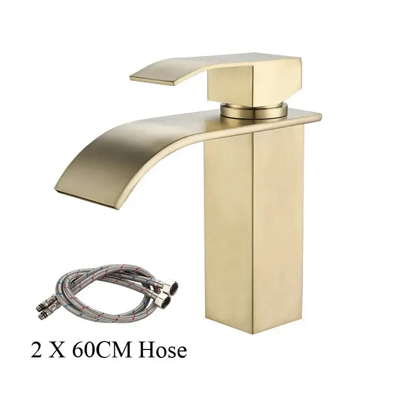 Modern brushed gold stainless steel basin faucet with sleek rectangular base and curved waterfall spout for bathroom use
