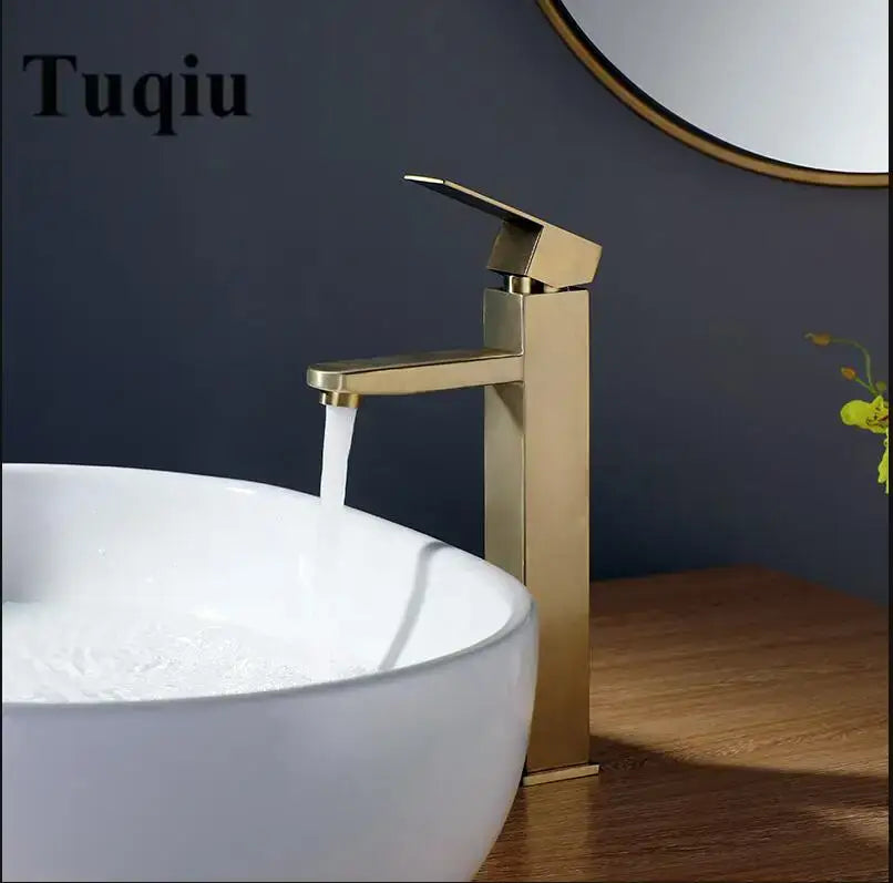 Modern brushed gold stainless steel basin mixer faucet with sleek rectangular design and single-handle control decorbites brushed gold