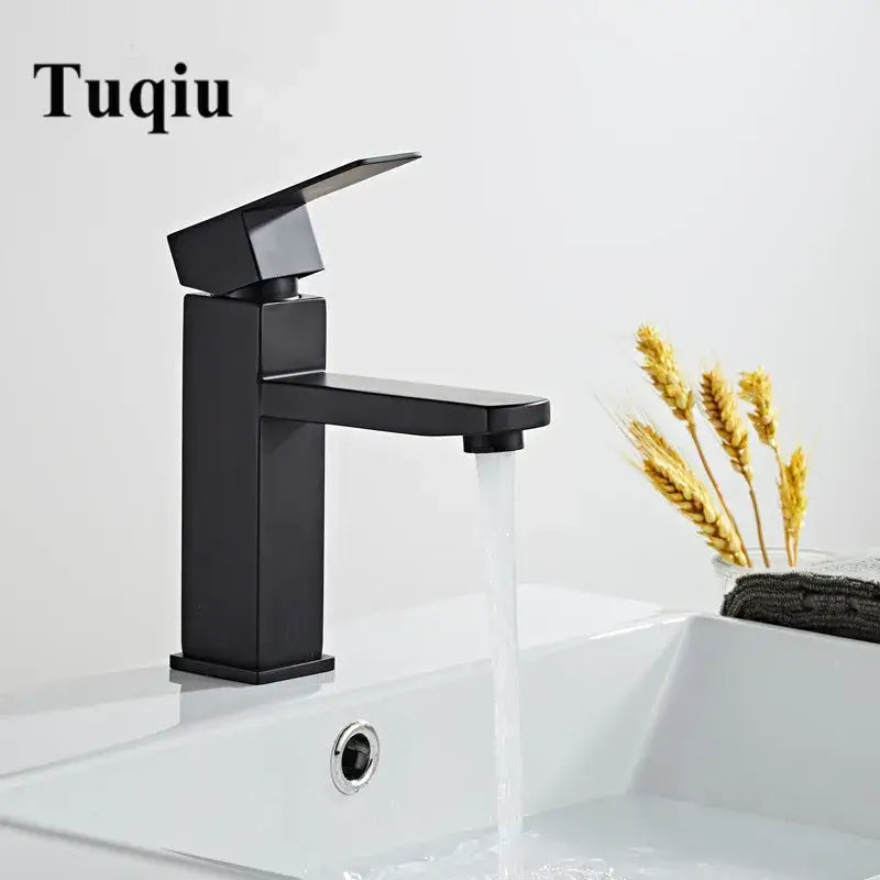 Modern brushed gold stainless steel basin mixer faucet with black matte angular design for bathroom decorbites brushed gold