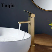 Modern brushed gold stainless steel basin mixer faucet with sleek rectangular design and single handle for bathroom use