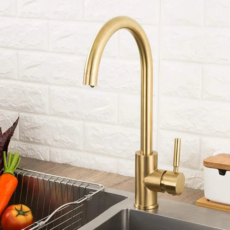 Modern brushed gold stainless steel kitchen faucet with curved spout and single lever handle for sleek design