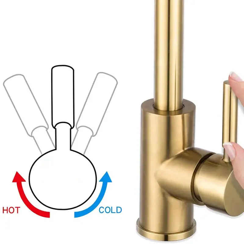 Modern brushed gold stainless steel kitchen faucet with a curved spout and single lever handle in brushed brass finish