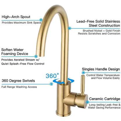Modern brushed gold stainless steel kitchen faucet with high-arch spout single handle and 360-degree swivel design