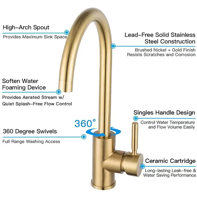 Modern brushed gold stainless steel kitchen faucet with high-arch spout single handle and 360-degree swivel design