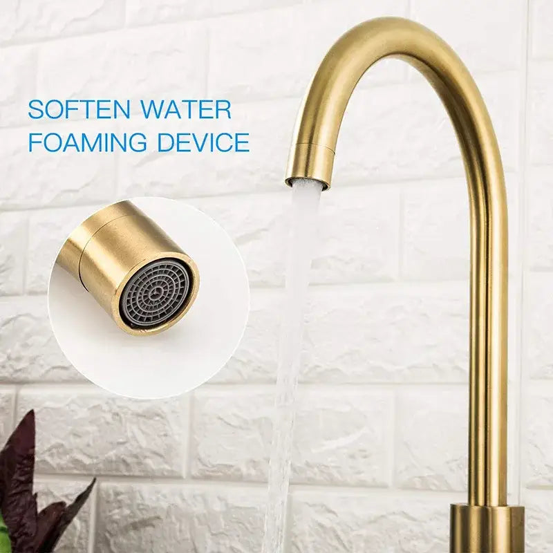 Modern brushed gold stainless steel kitchen faucet with curved spout and attached foaming device for softened water