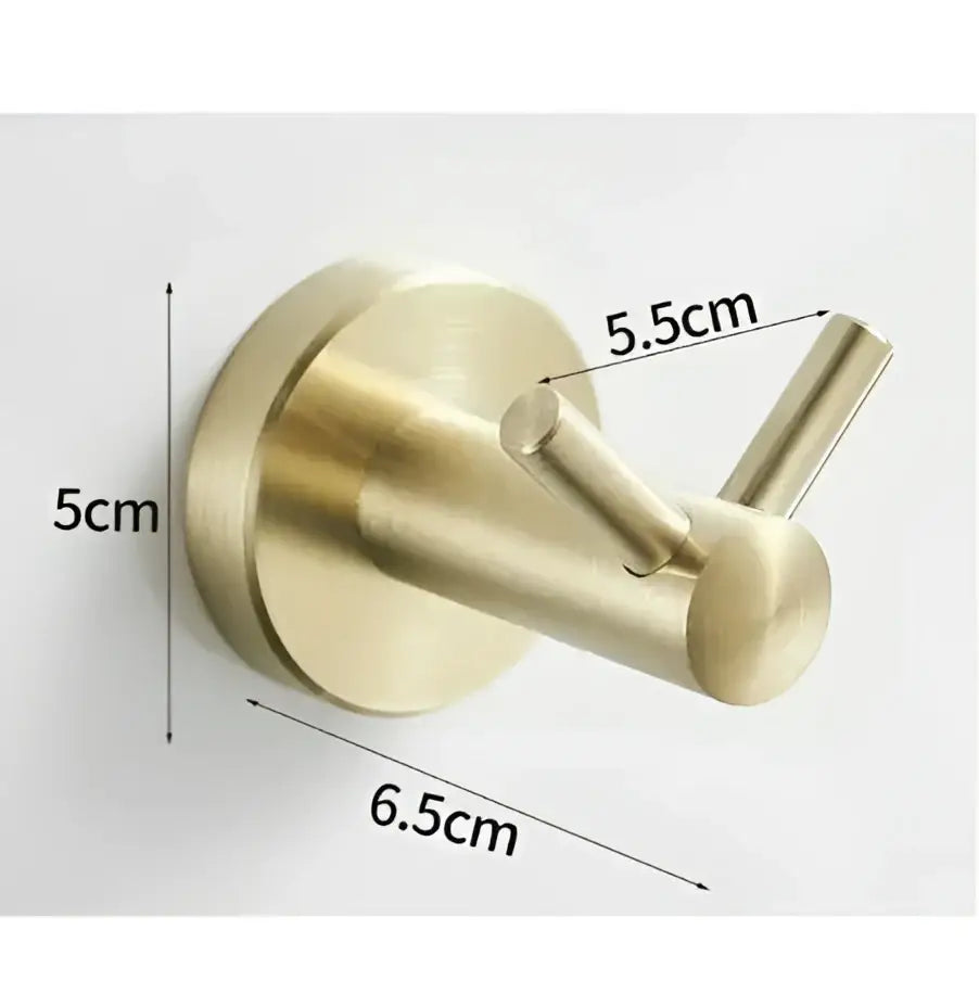 Modern brushed gold stainless steel robe hook with brass-finished double cylindrical hooks and circular wall mount