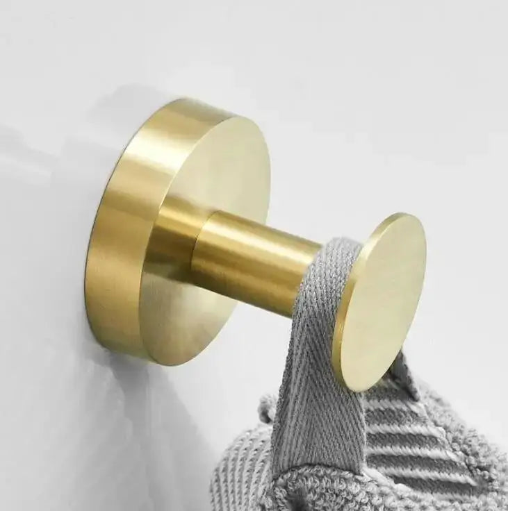 Brass-finished brushed gold stainless steel robe hook with sleek cylindrical design and circular ends for bathroom use