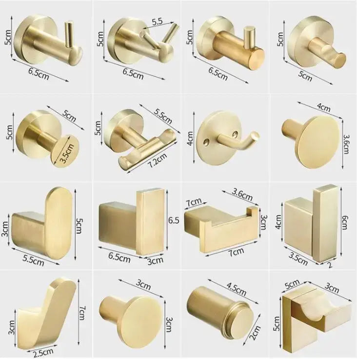 Modern brushed gold stainless steel robe hooks in various shapes and sizes for bathroom hanger use
