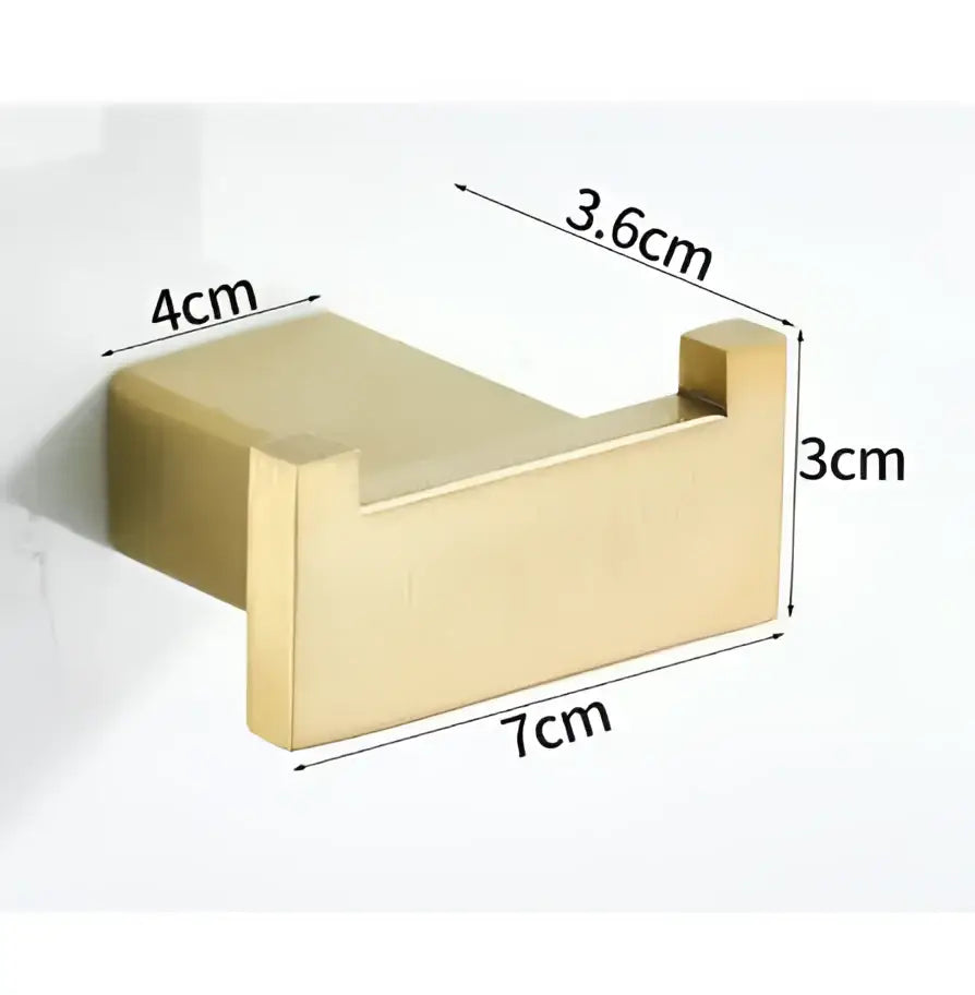 Modern brushed gold stainless steel robe hook with rectangular design and precise dimensions for bathroom use