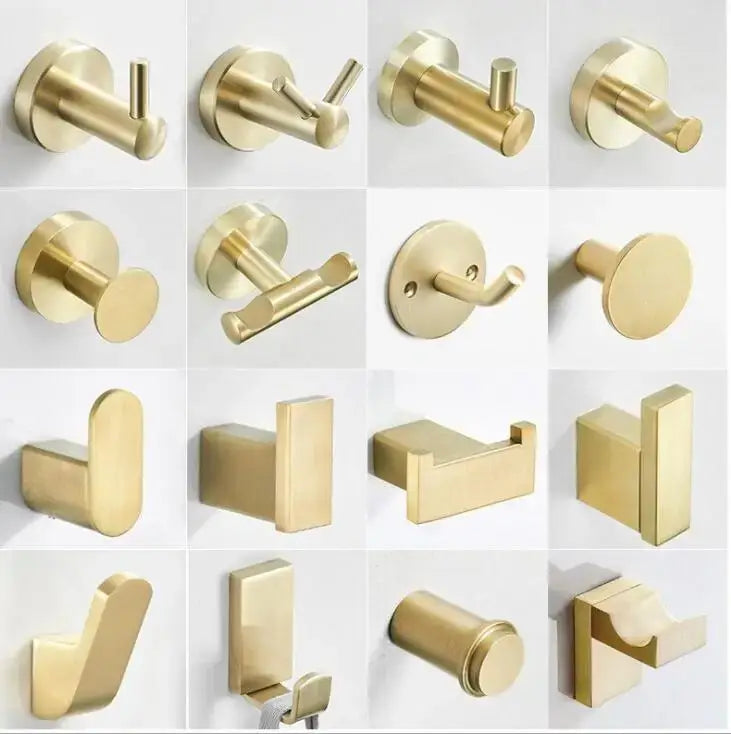 Modern brushed gold stainless steel robe hooks in various designs for bathroom wall hanging and organization