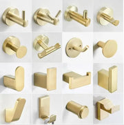 Modern brushed gold stainless steel robe hooks in various designs for bathroom wall hanging and organization