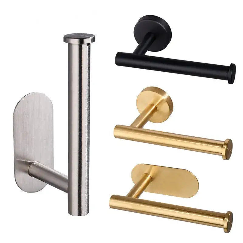 Modern brushed gold stainless steel toilet paper holder with wall-mounted minimalist design for kitchen or bathroom use