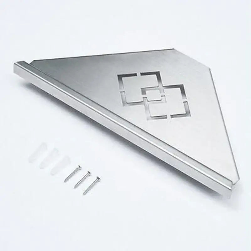 Silver triangular shelf bracket with geometric cutout design for brushed gold stainless steel shower storage rack