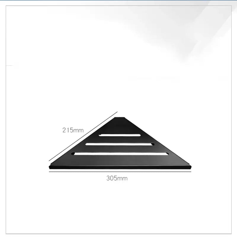 Black triangular wall shelf with three horizontal slats for modern brushed gold stainless steel shower storage