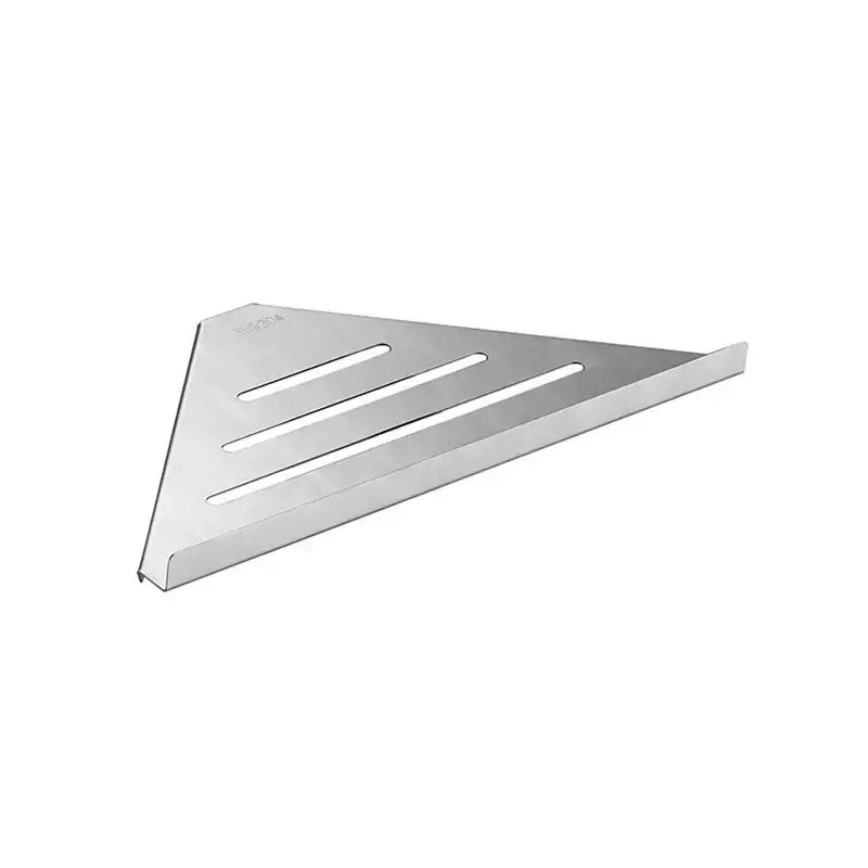 Modern brushed gold stainless steel triangular shower storage rack with three horizontal slits in shiny chrome finish