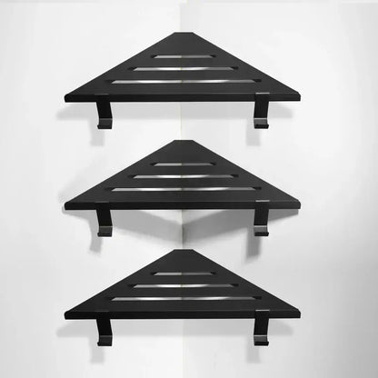 Black triangular shower caddy with slatted design and matte finish for brushed gold stainless steel shower storage