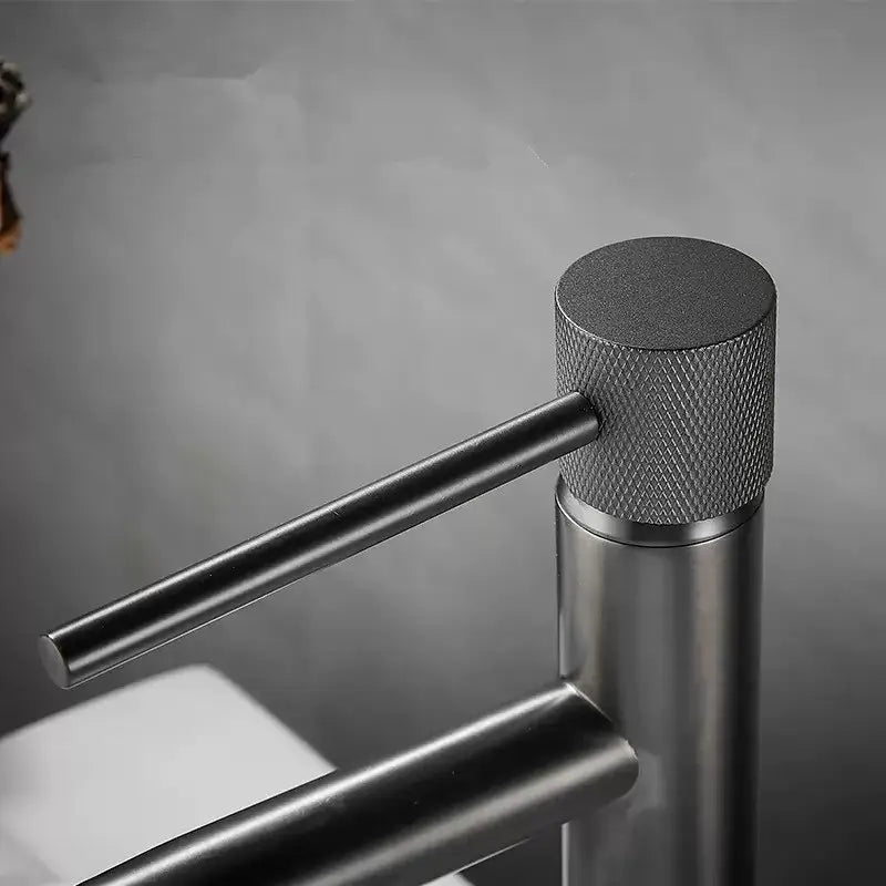 Modern matte black faucet with knurled knob and cylindrical spout for decorbites brushed gold swivel bathroom basin sink crane