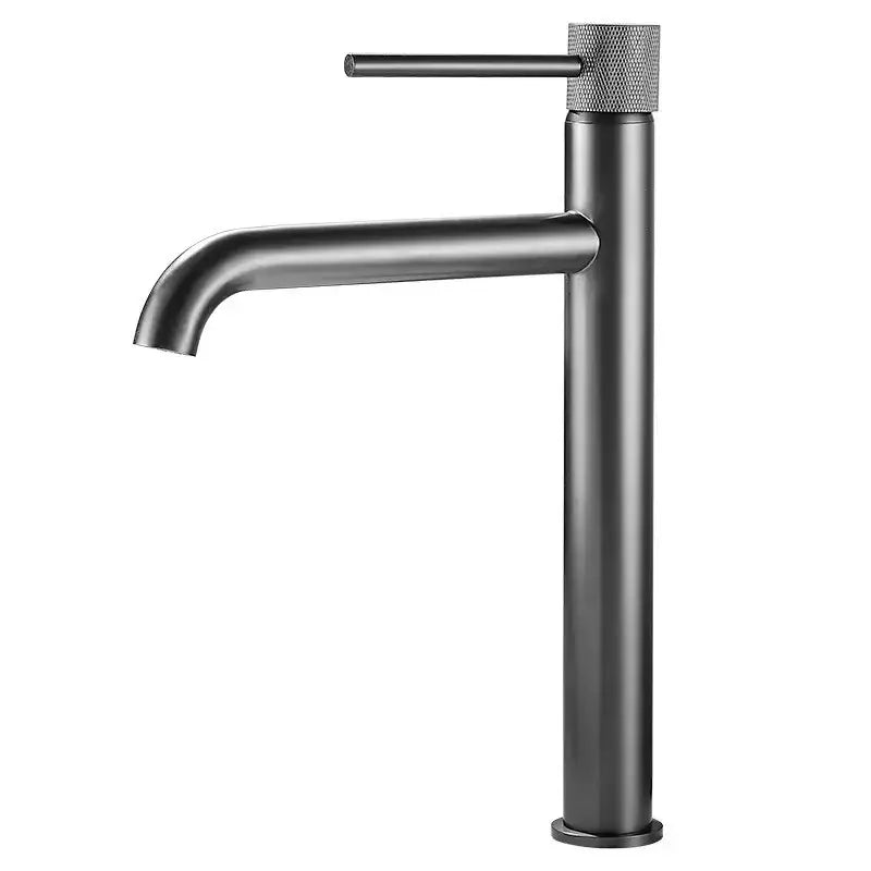 Modern brushed gold swivel faucet with sleek tall design and textured knurled handle for bathroom basin sink decorbites