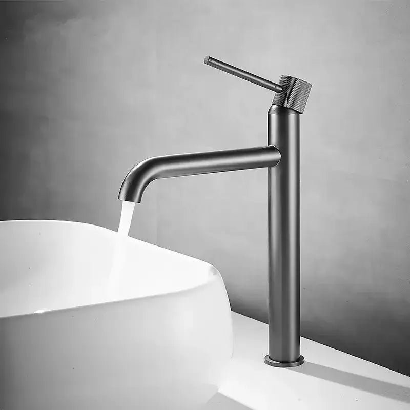 Modern matte black faucet with textured cylindrical handle and sleek design for decorbites brushed gold swivel basin sink