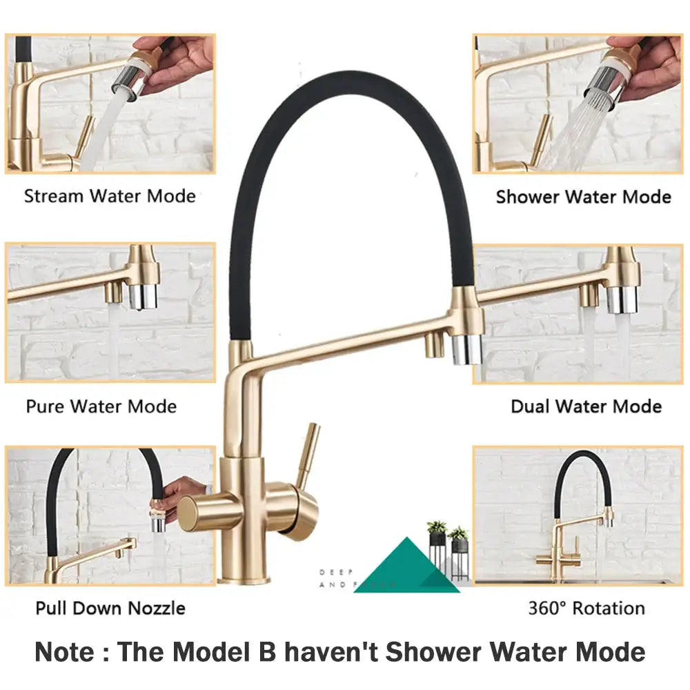 Modern brushed gold swivel kitchen faucet with black rubber hose and multiple spray modes including pull-down nozzle