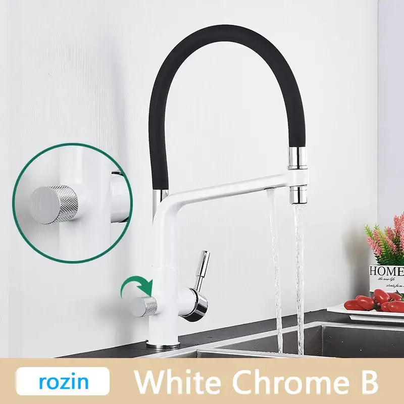 Modern brushed gold swivel kitchen faucet with black rubber hose white chrome body and textured silver knobs