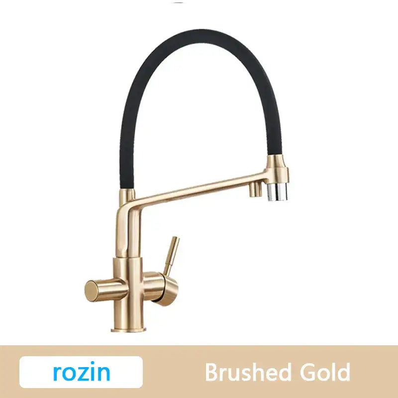 Modern brushed gold swivel kitchen faucet with black rubber hose and dual control handles for versatile decorbites brushed gold design