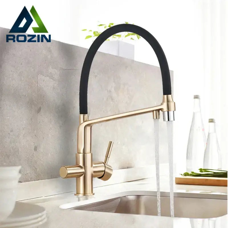 Modern brushed gold swivel kitchen faucet with black rubber hose and sleek flexible design by decorbites brushed gold