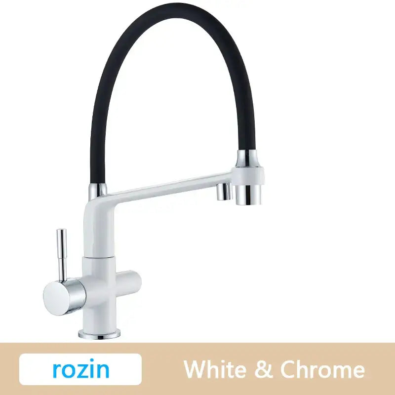 Modern brushed gold swivel kitchen faucet with a flexible black rubber hose and chrome accents for kitchen use