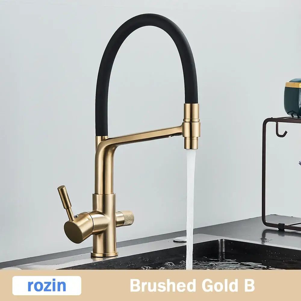Modern brushed gold swivel kitchen faucet with flexible black rubber hose and sleek decorbites brushed gold design