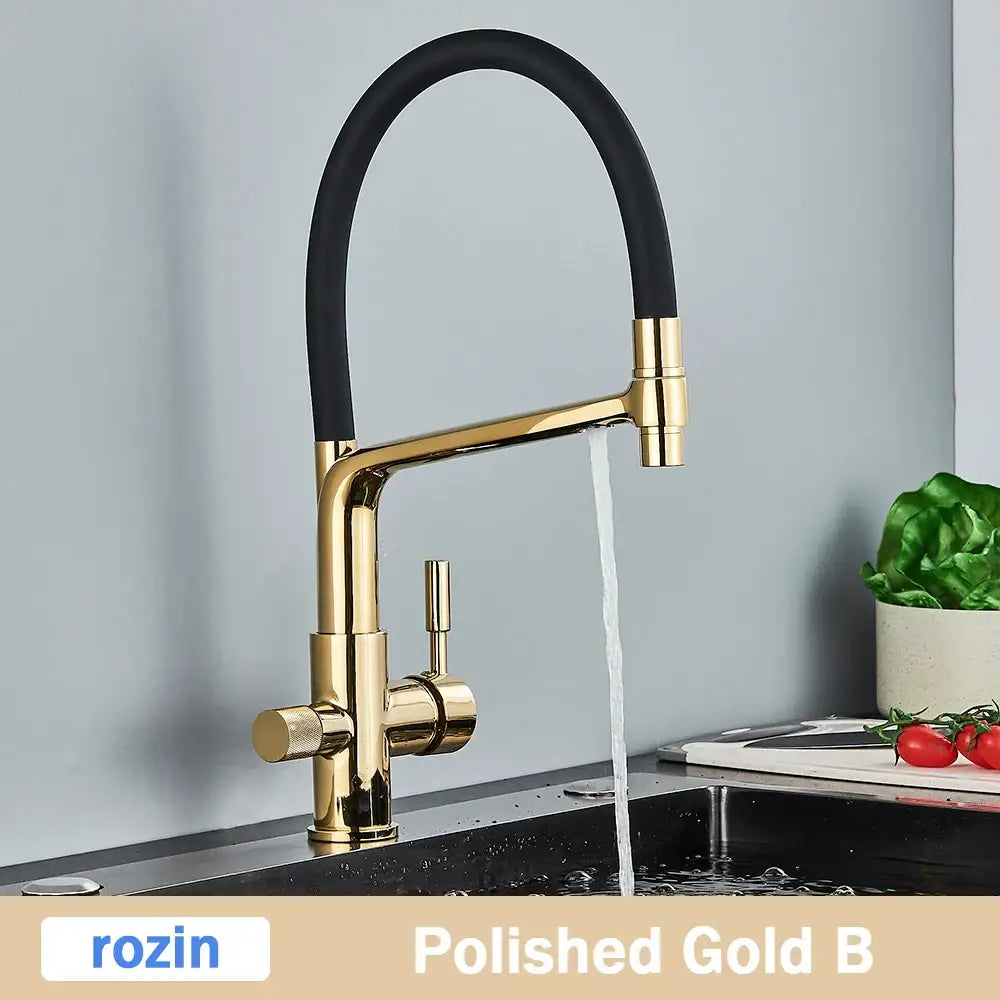 Polished brushed gold swivel kitchen faucet with black rubber hose featuring a sleek modern design decorbites brushed gold