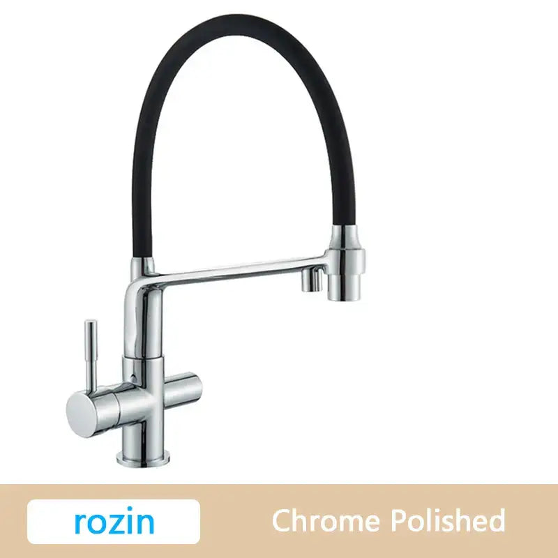 Modern brushed gold swivel kitchen faucet with chrome polished arched spout and black flexible hose for decorbites