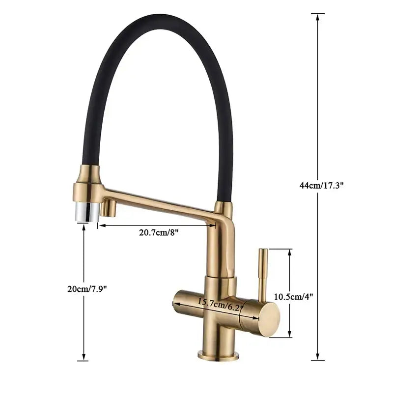 Modern brushed gold swivel kitchen faucet with black rubber hose and minimalist design by decorbites