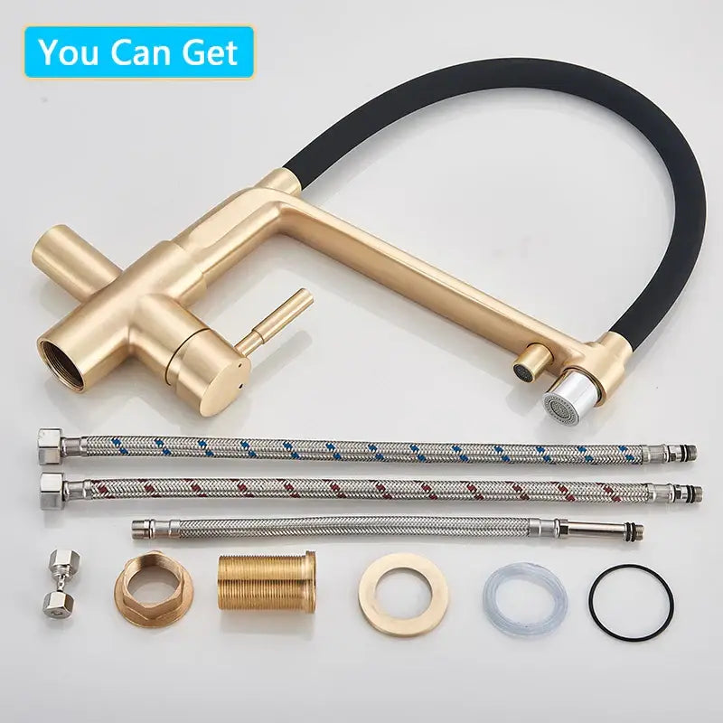 Modern brushed gold swivel kitchen faucet with black rubber hose featuring sleek decorbites brushed gold design