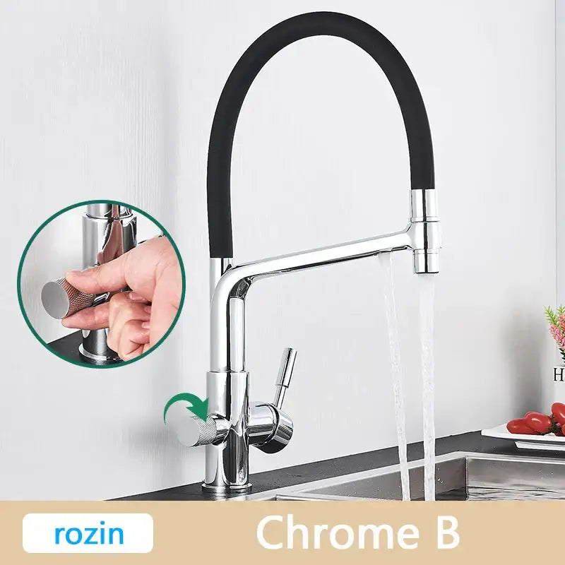 Modern brushed gold swivel kitchen faucet with chrome finish black rubber hose and pull-out spray head decorbites brushed gold