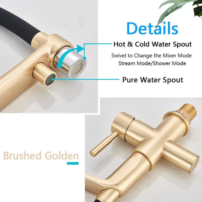 Modern brushed gold swivel kitchen faucet with black rubber hose and brushed gold swivel spout for stream or shower mode