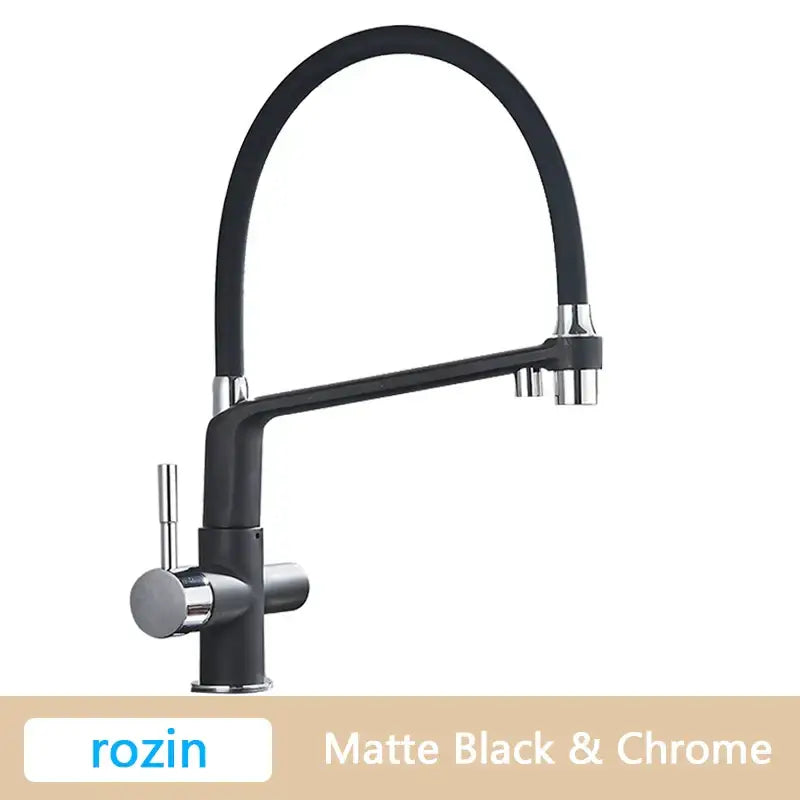 Modern brushed gold swivel kitchen faucet with a matte black and chrome flexible gooseneck spout for kitchen use