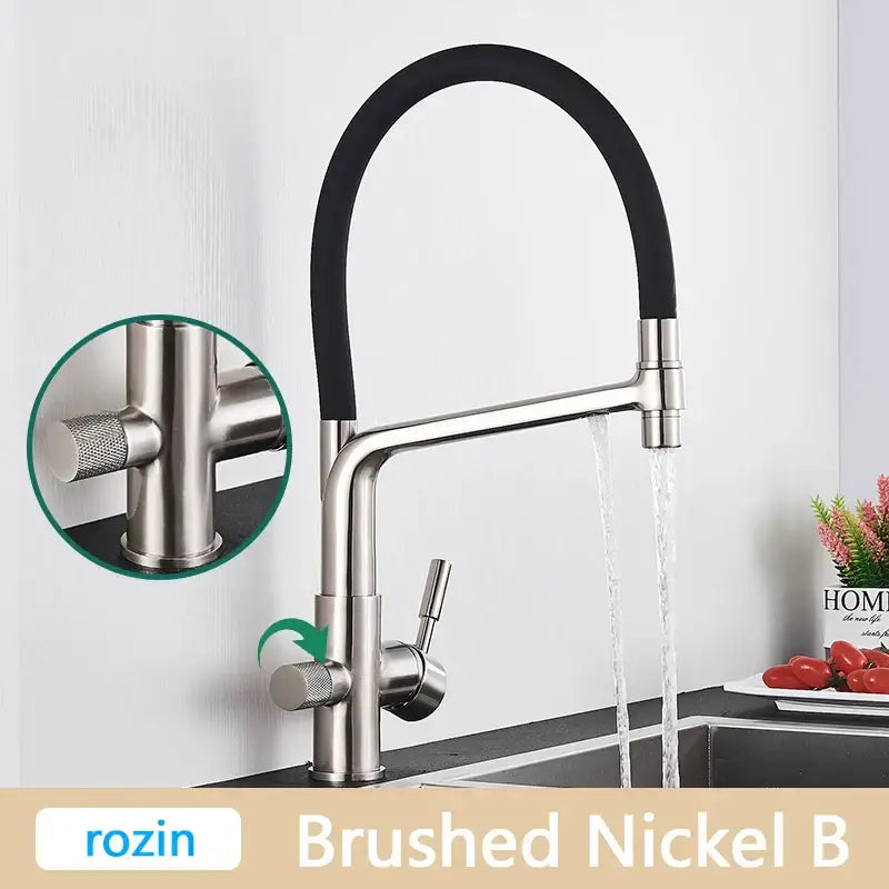 Modern brushed gold swivel kitchen faucet with black flexible rubber hose and textured brushed nickel knobs by decorbites