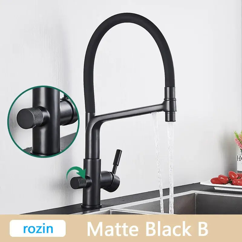 Modern brushed gold swivel kitchen faucet with matte black rozin curved spout and textured control knobs decorbites brushed gold