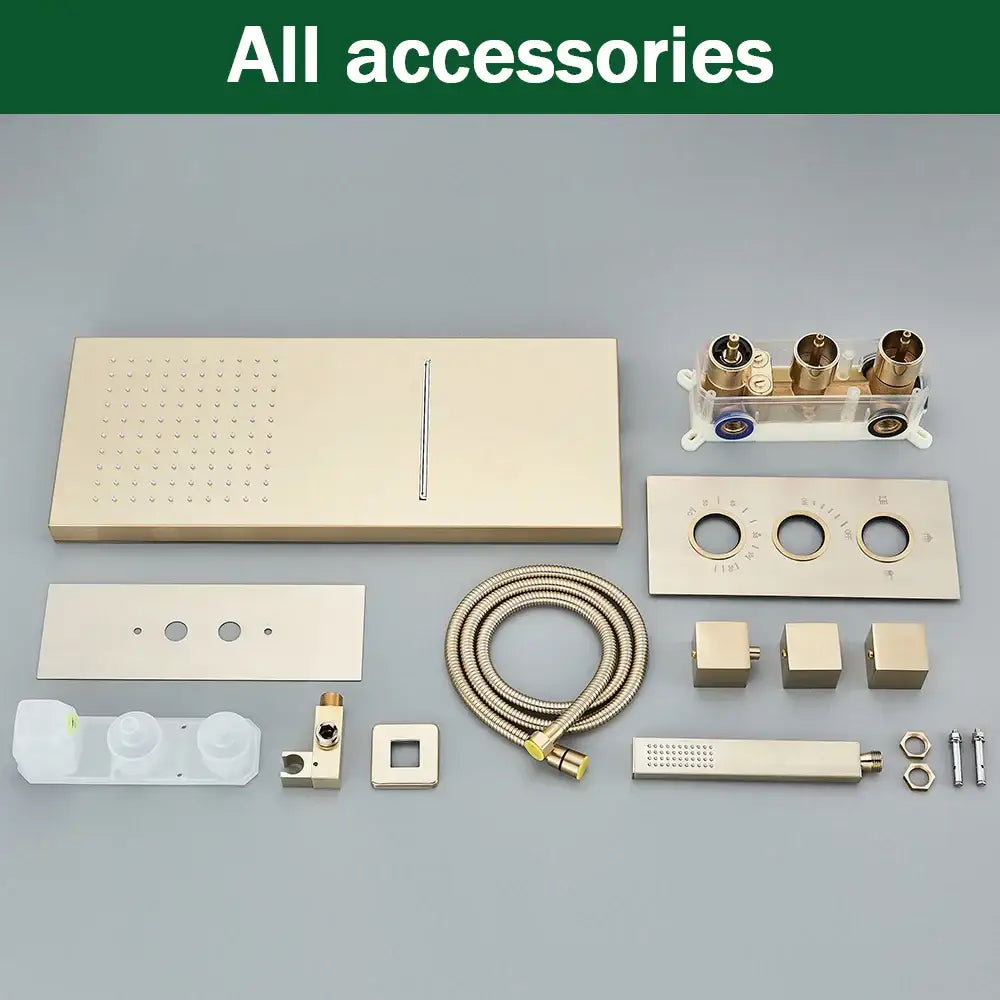 Modern brushed gold thermostatic shower faucet set featuring a gold-toned rectangular panel with small spray nozzles and central line