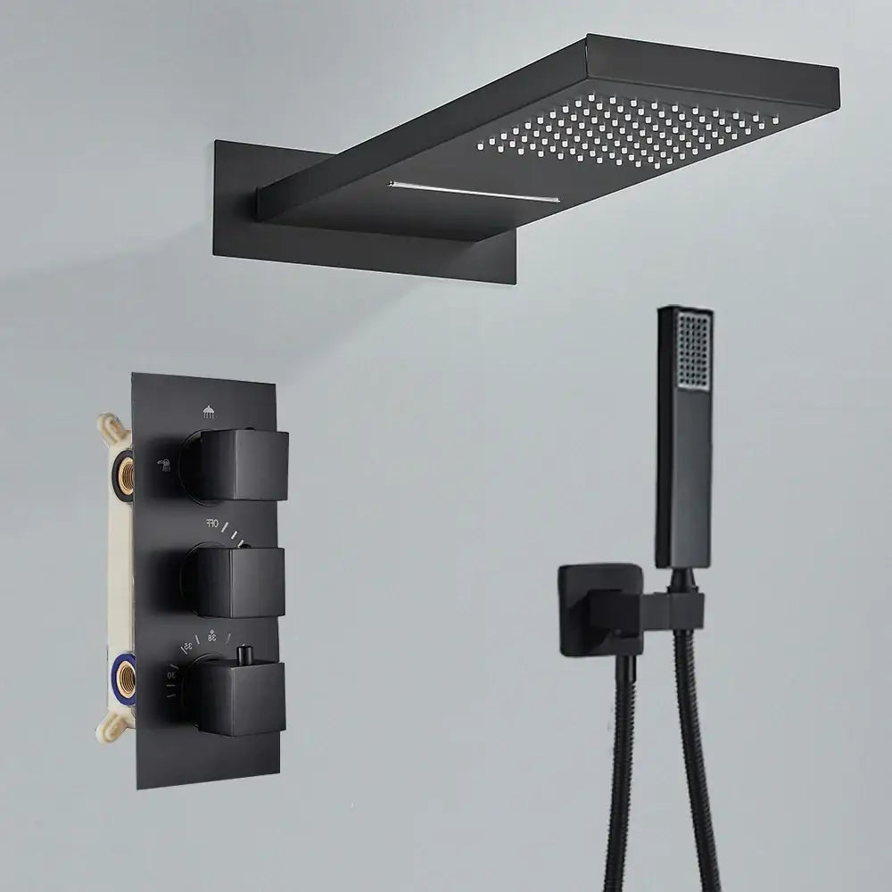 Modern brushed gold thermostatic shower faucet set with black matte rectangular rain shower head and perforated surface