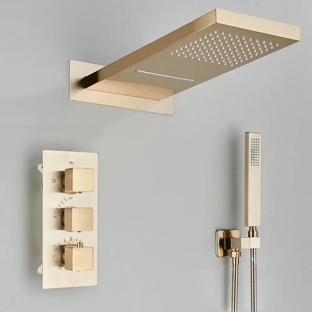Modern brushed gold thermostatic shower faucet set with gold-toned rain shower head and matching wall-mounted control panel
