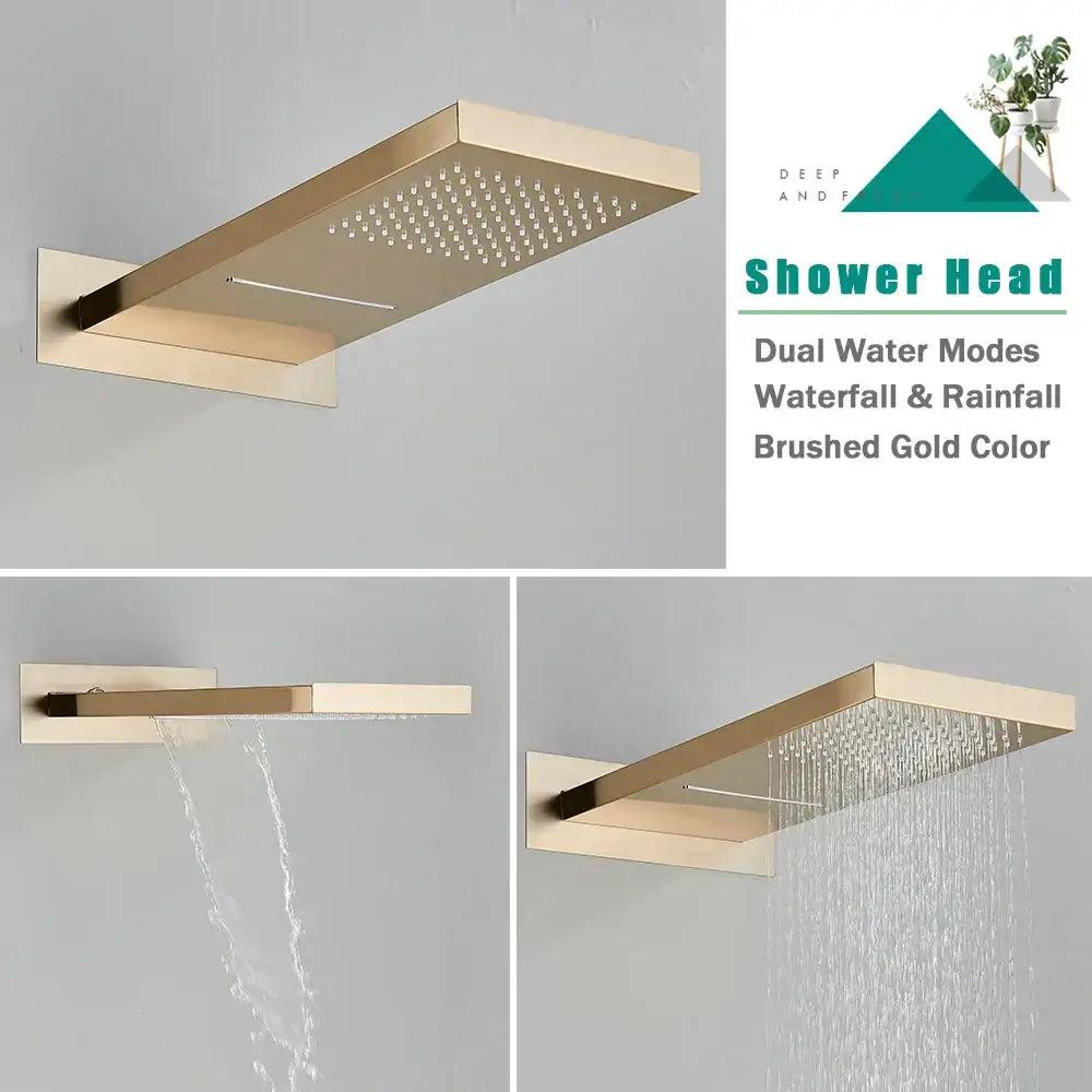 Modern brushed gold thermostatic shower faucet set with rectangular shower head offering waterfall and rainfall modes