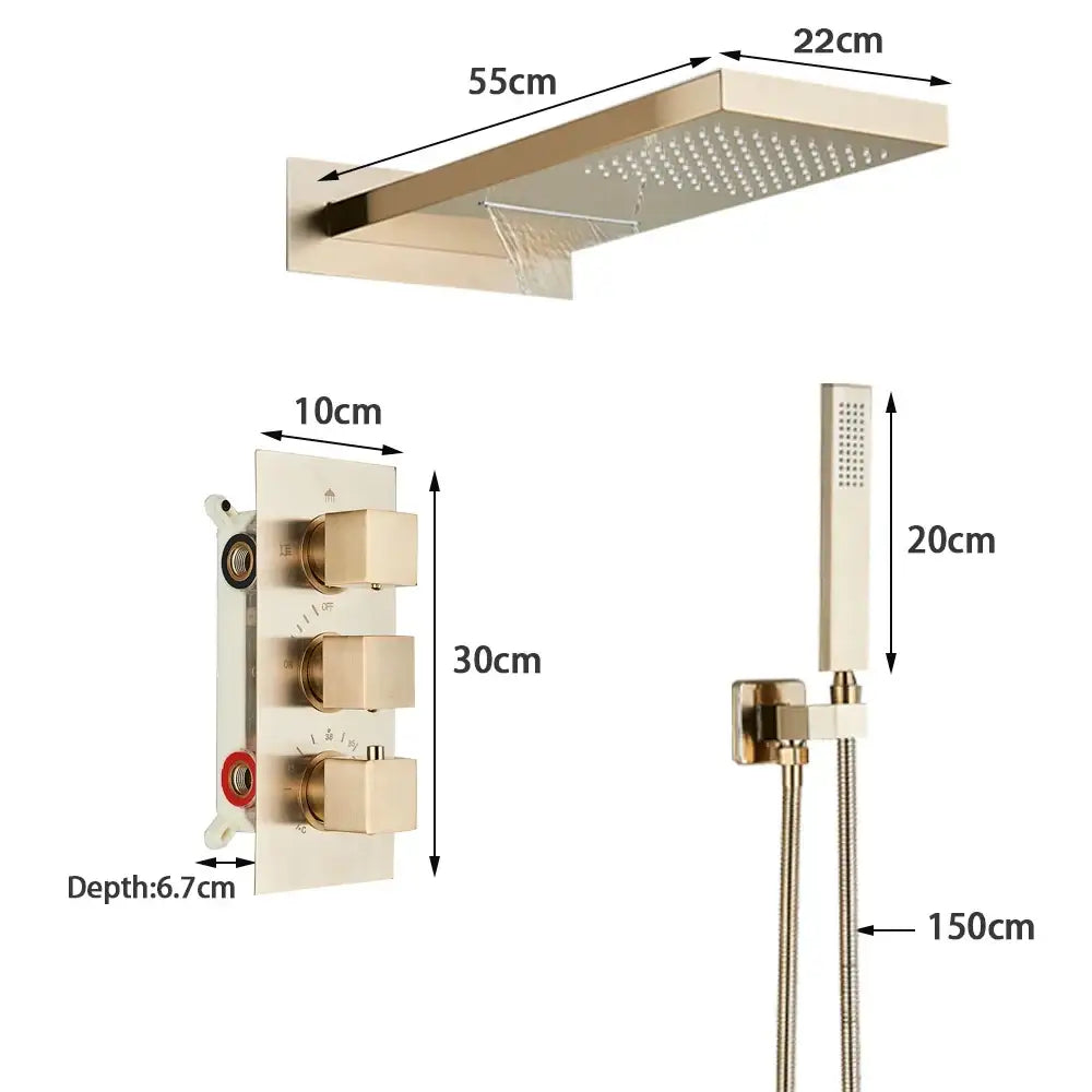 Modern brushed gold thermostatic shower faucet set featuring a gold-toned rectangular showerhead with multiple nozzles