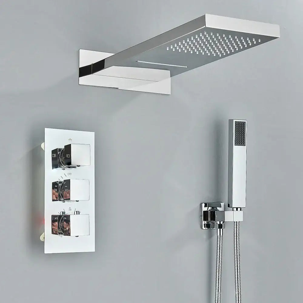 Modern chrome-finished rectangular rain shower head with sleek design in a brushed gold thermostatic shower faucet set