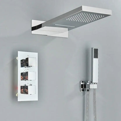 Modern chrome-finished rectangular rain shower head with sleek design in a brushed gold thermostatic shower faucet set