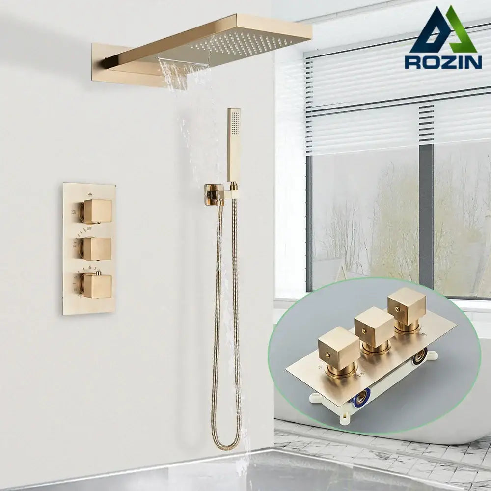 Modern brushed gold thermostatic shower faucet set with rectangular rain shower head handheld shower and wall control panel