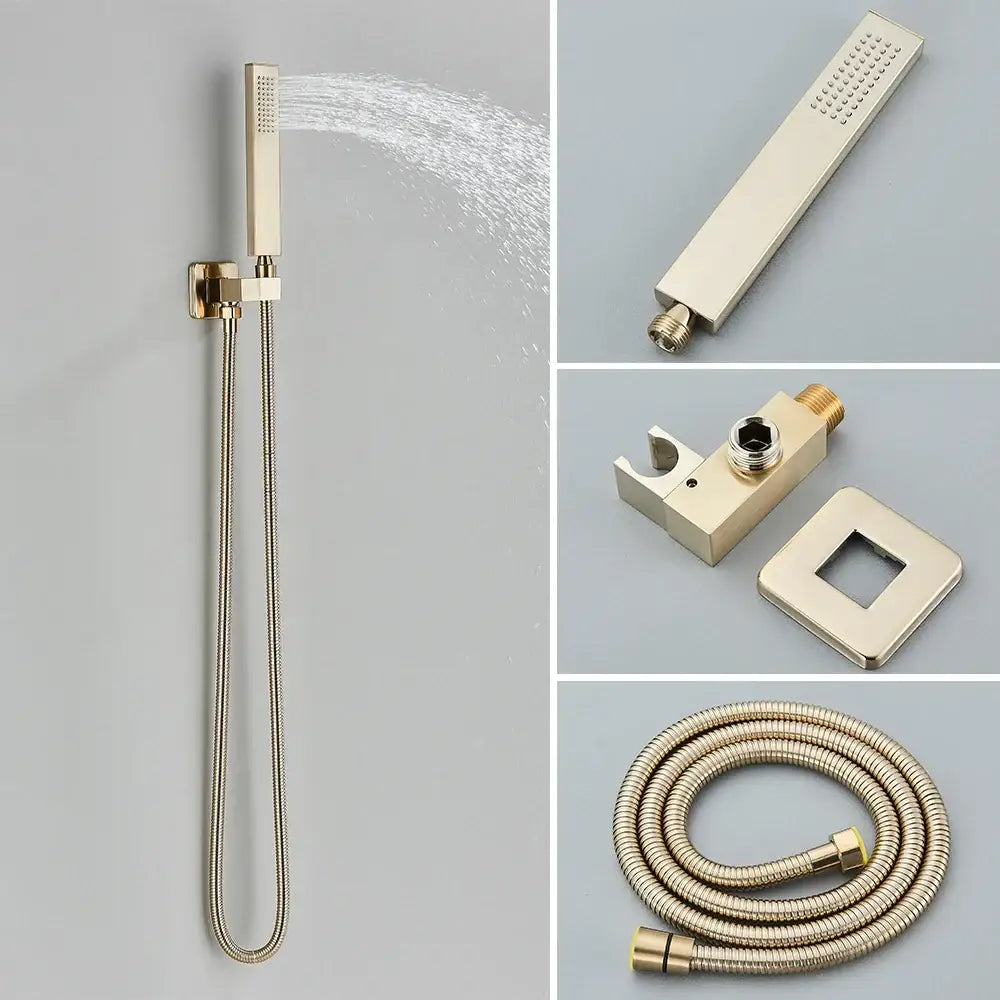 Modern brushed gold thermostatic shower faucet set with gold-toned rectangular rain head and flexible braided hose