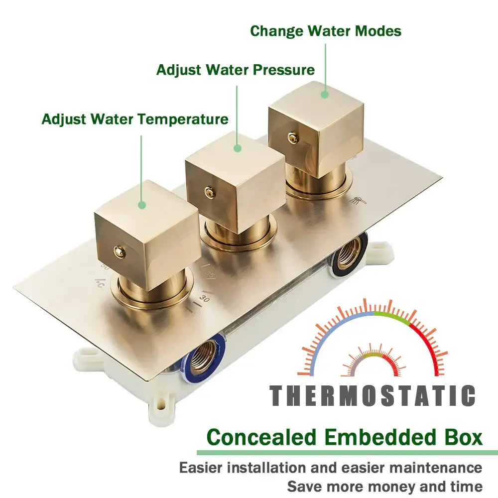 Modern brushed gold thermostatic shower faucet set featuring brass-finished thermostatic shower valve with three square knobs